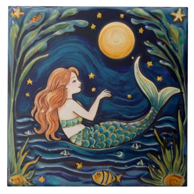 Carreau Mermaid Starry Nuit Mer Océan Fairytale Marine Ble (Devant)