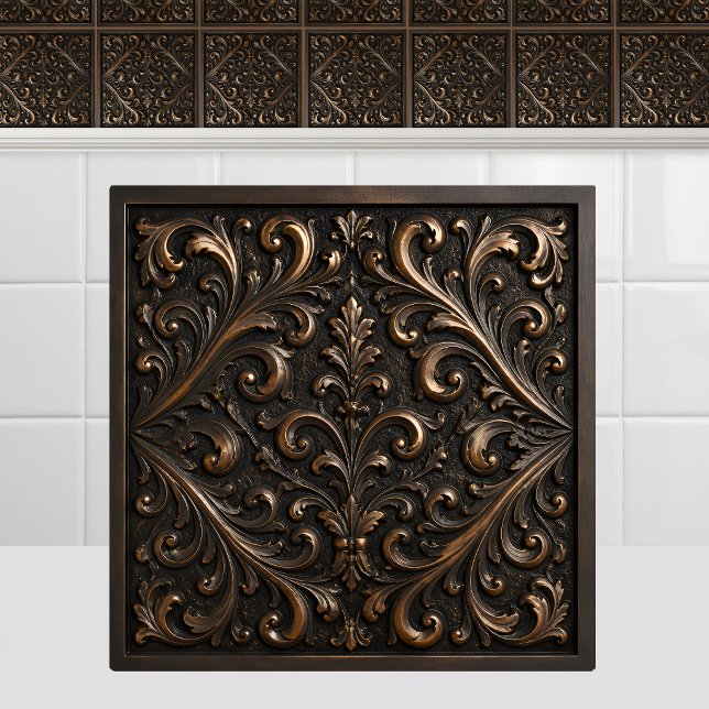 Carreau Métal oxydé Fonte Bronze Renaissance Feuillage (Oxidized Medieval Metal Cast Bronze Renaissance Foliage Ceramic Tile)