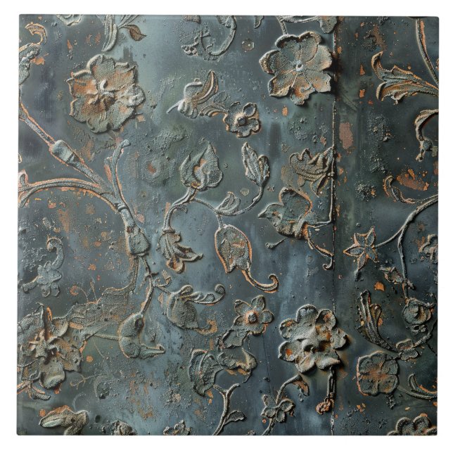 Carreau Métal Rouillé Antique Floral  (Devant)