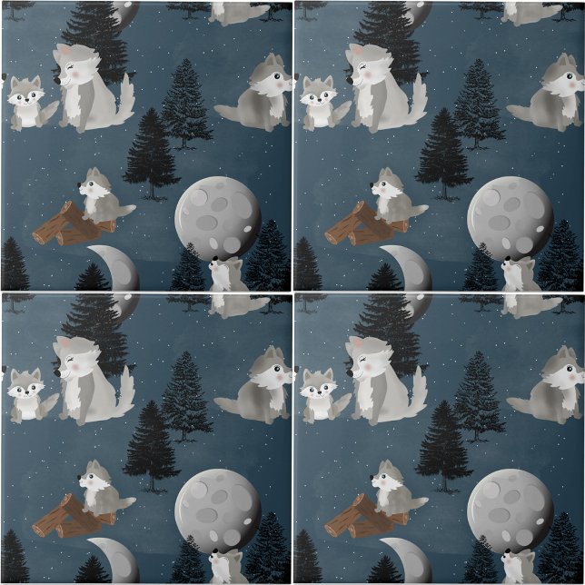 Carreau Meute de loups mignons ciel nocturne bois lune (Cute Wolf Pack Woodland Night Sky Moon Ceramic Tile)