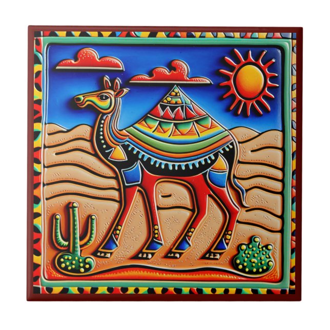 Carreau mexicaine huichol art style camel céramique carrea (Devant)