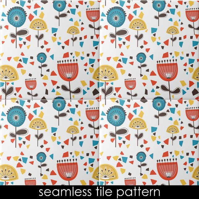 Carreau Mi-Siècle Moderne Coloré Floral sans joint (Mid Century Modern Colorful Floral Seamless Pattern Ceramic Tile)