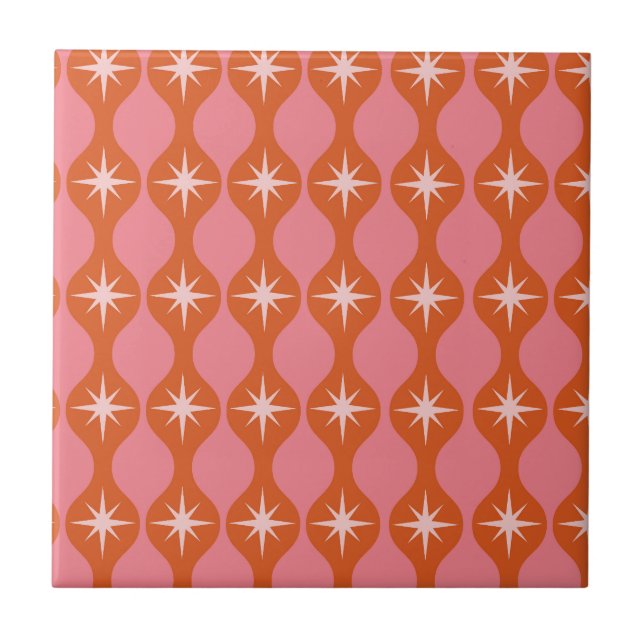 Carreau Mi-siècle Starburts sur Orange Pink Ogee Motif (Devant)