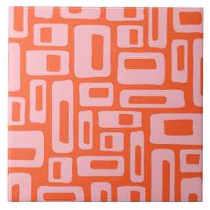 Carreau Mid Century Moderne Abstrait Orange & Motif rose