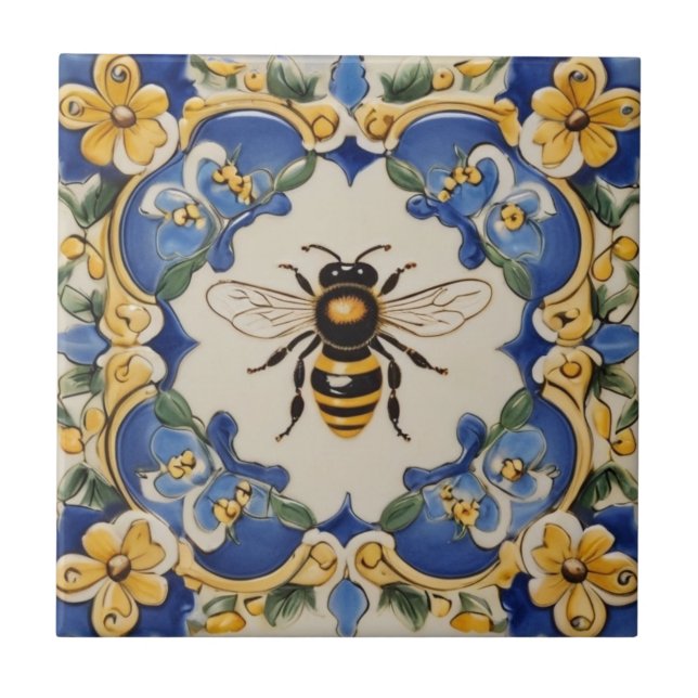 Carreau Miel Bee Bleu et Jaune Orné décoratif (Devant)