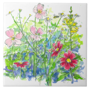 Carreau Miel Bee Cosmos Snapdragons Fleurs sauvages roses