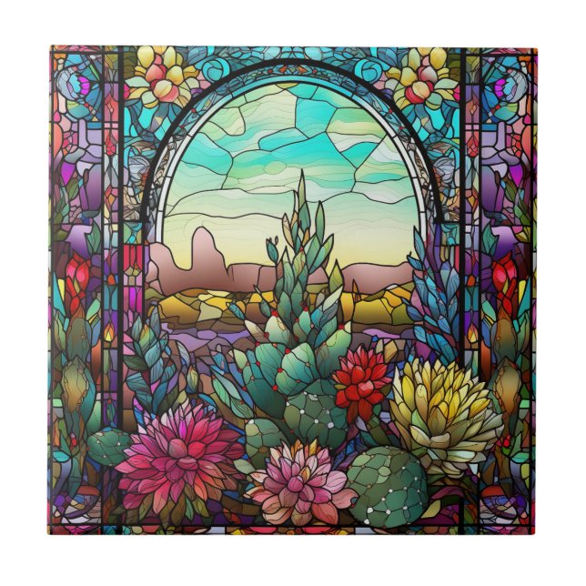 Carreau mignon amateur de cactus occidentaux vitrail (Devant)