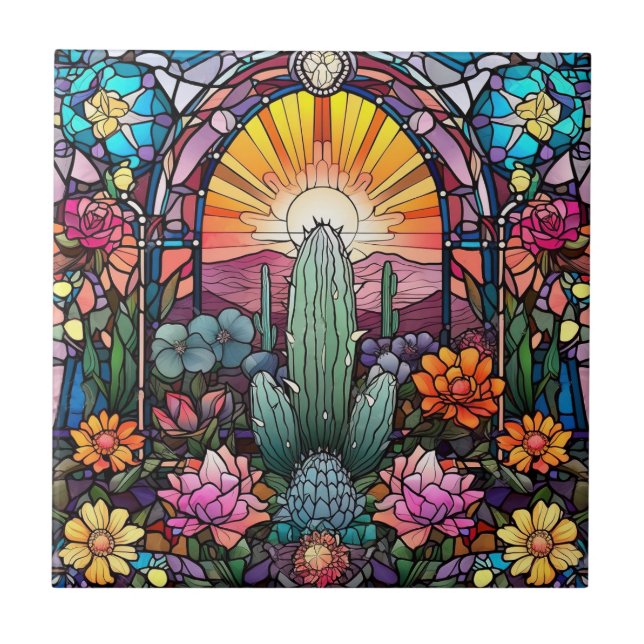 Carreau mignon amateur de cactus occidentaux vitrail (Devant)
