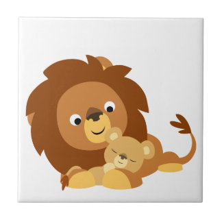Carreau Mignon Caricature de Lion Papa et son Petit en Car