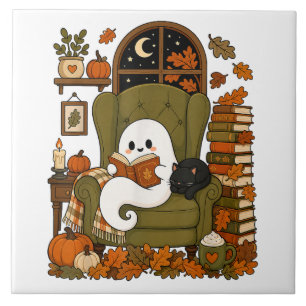 Carreau Mignon Fantôme Lisant un Livre Chat Noir Automne C