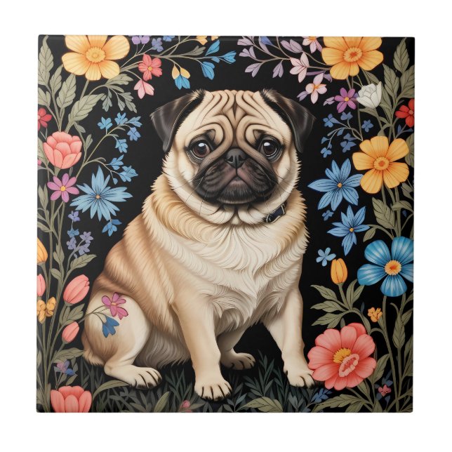 Carreau Mignon Pug Élégant Floral Coloré (Devant)