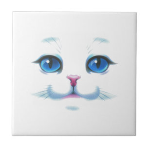 Carreau Mignonne Blanc Chat Bleu yeux visage