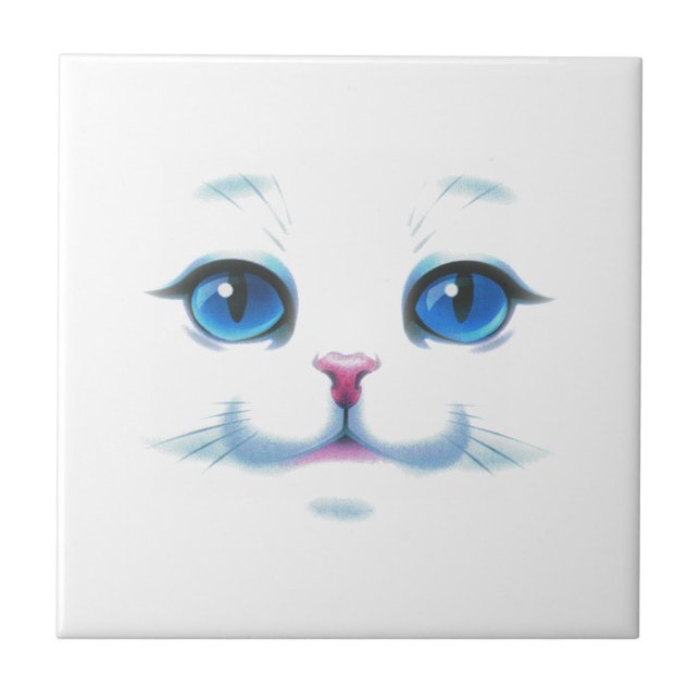 Carreau Mignonne Blanc Chat Bleu yeux visage (Devant)