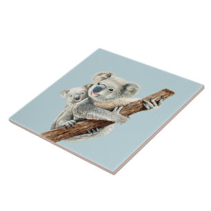 Carreau Mignonne maman et bébé aquarelle Koala sur acier