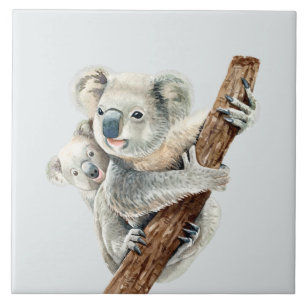 Carreau Mignonne maman et bébé aquarelle Koala sur gris cl