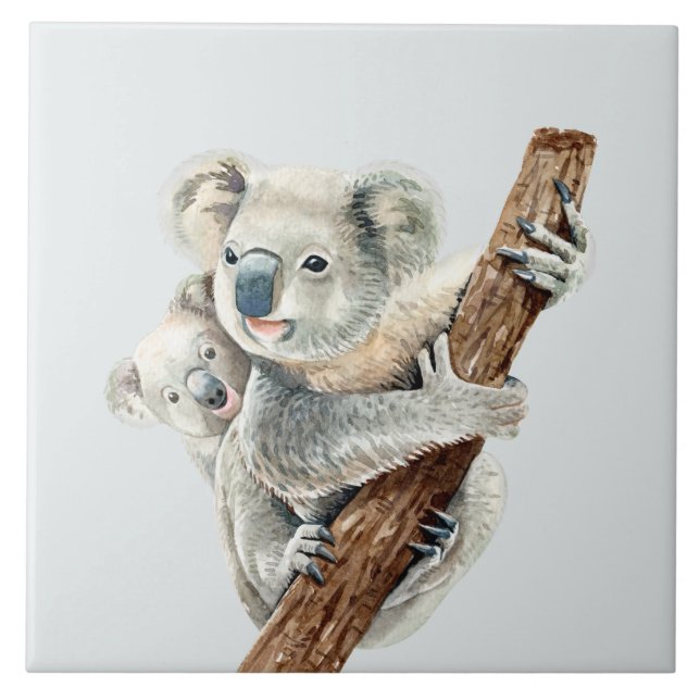 Carreau Mignonne maman et bébé aquarelle Koala sur gris cl (Devant)