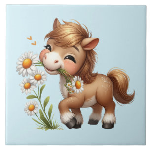 Carreau Mignonne Pony Mange Manger Des Marguerites