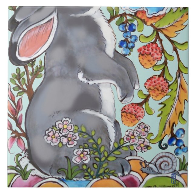 Carreau Mignonne Rabbit Mural Floral Aqua Bkgrd Bas Demi  (Devant)