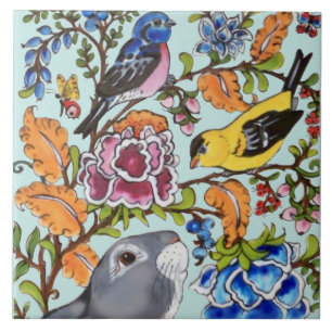 Carreau Mignonne Rabbit Mural Floral Aqua Bkgrd Top Demi  