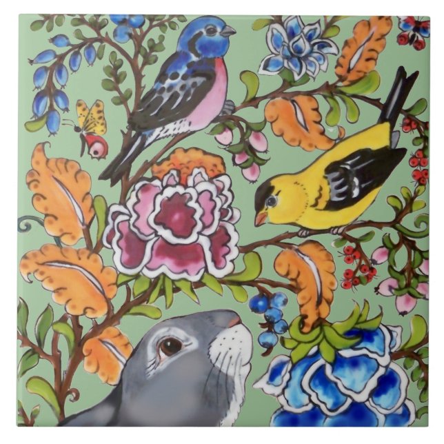 Carreau Mignonne Rabbit Mural Floral Vert Bkgrd Top Demi (Devant)