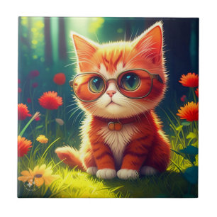 Carreau Mignonne Red Kitten Portant des lunettes-365478