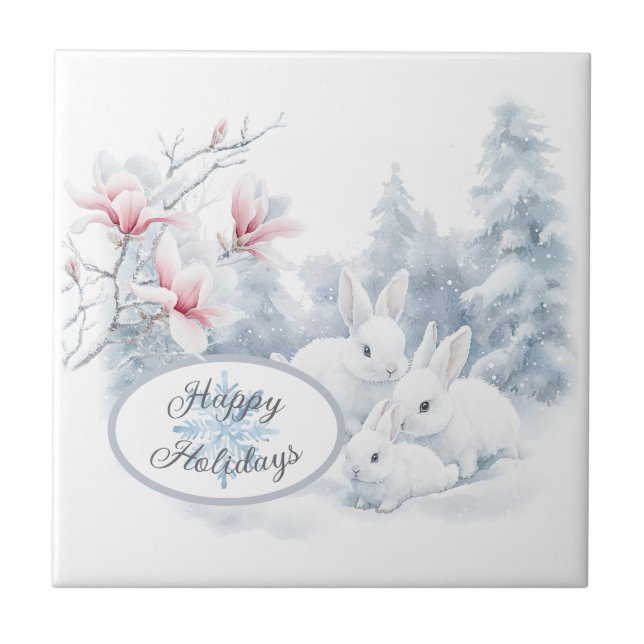 Carreau Mignons lapins blancs en vacances d'hiver neige (Devant)