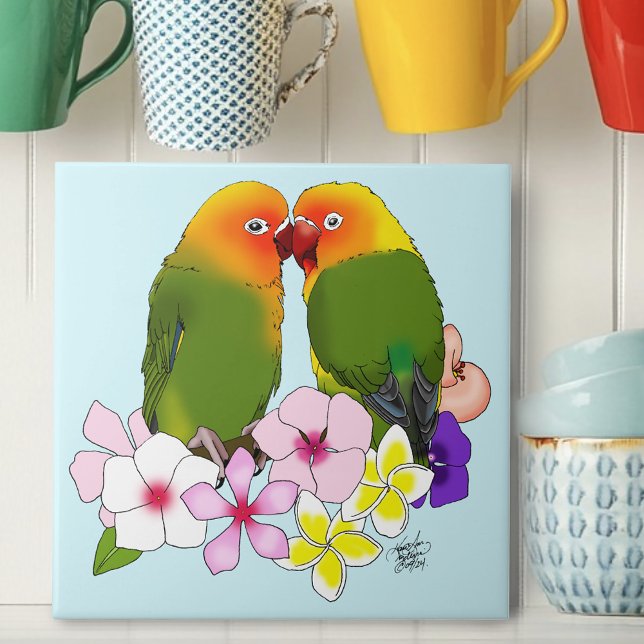 Carreau Mignons Oiseaux Amoureux Fleurs Tropicales Oiseau  (Créateur téléchargé)