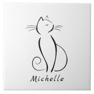 Carreau Mini chat noir sur blanc ajouter nom