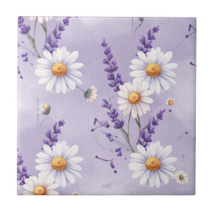 Carreau Minimaliste Lavande & Marguerites sur Violet Clair