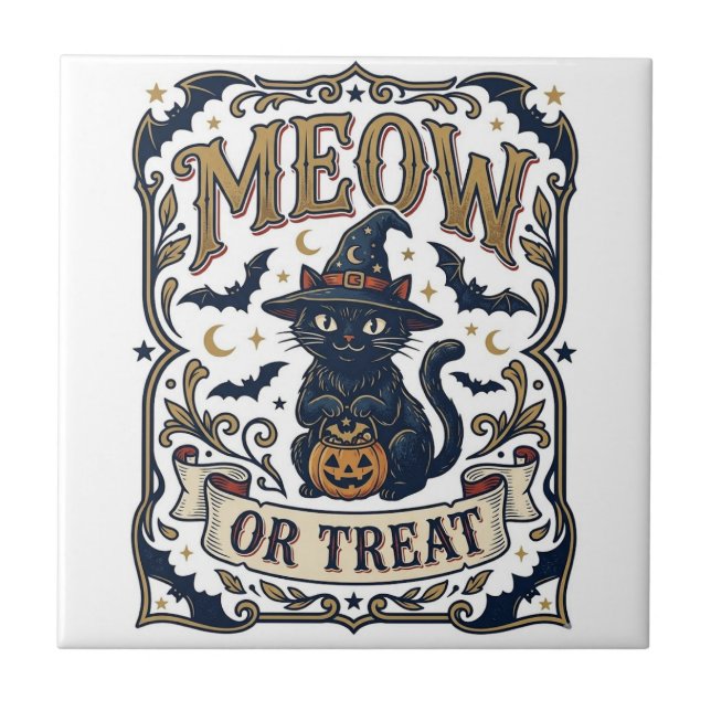 Carreau Minou ou traiter Chat Halloween Chat effrayant Vin (Devant)