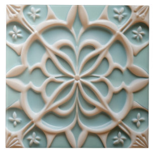 Carreau Mint Bleu & Blanc Fleur Faux Relief Boho Floral