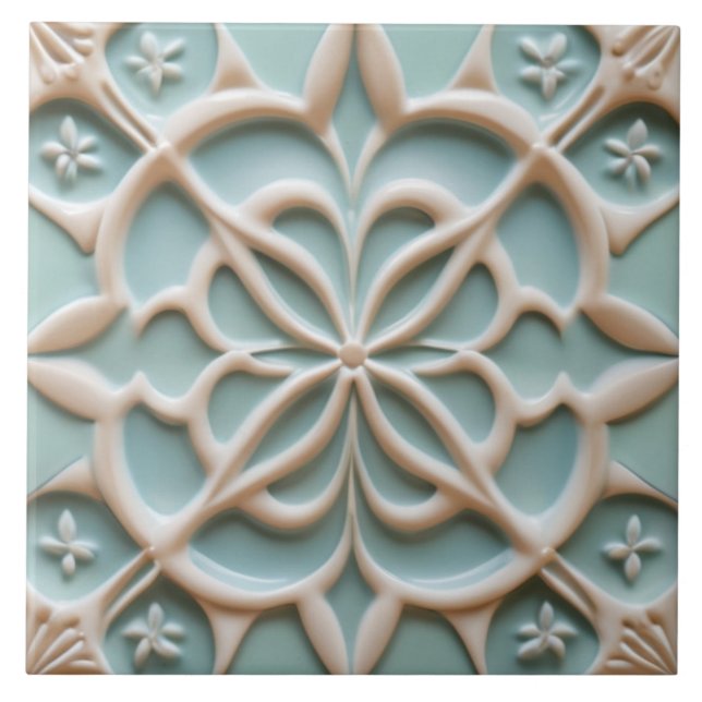 Carreau Mint Bleu & Blanc Fleur Faux Relief Boho Floral (Devant)