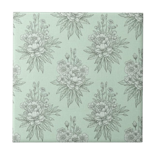 Carreau Mint Green Botanical Toile with Floral Bouquets (Devant)