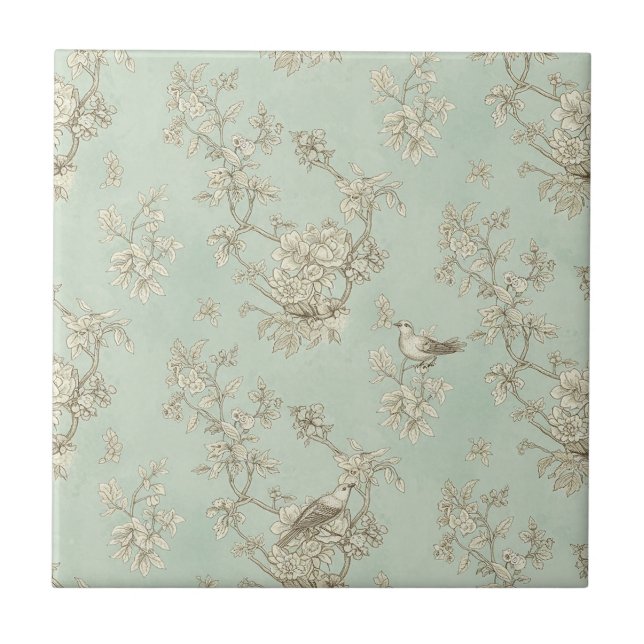 Carreau Mint Green French Country Birds and Floral Toile 1 (Devant)