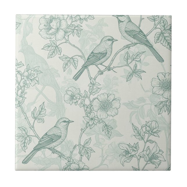 Carreau Mint Green French Country Birds and Floral Toile 2 (Devant)
