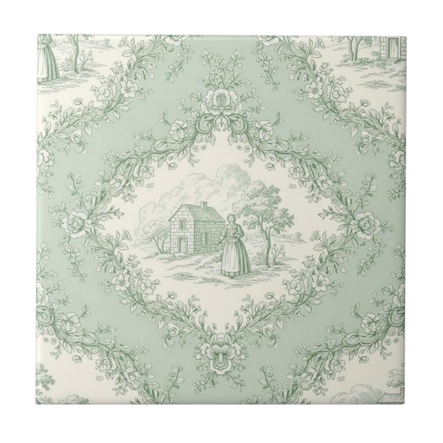 Carreau Mint Green French Country Floral Toile - Farmhouse (Devant)