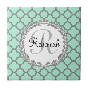 Carreau Mint Green Grey Quatrefoil Nom Monogramme Laurel