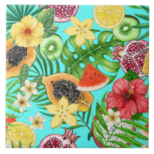 Carreau Mix-fruit tropical, fleurs et feuilles en bleu