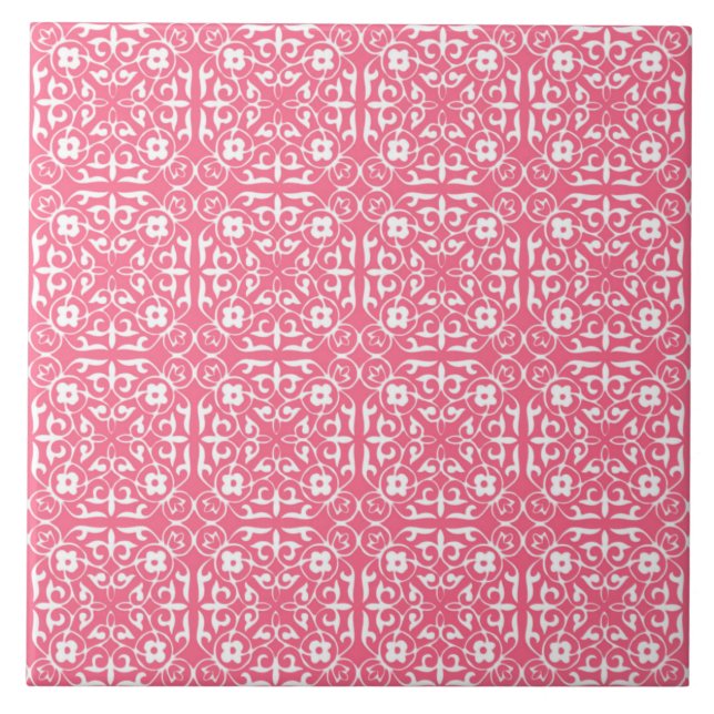 Carreau Modèle Damask médiéval, corail rose & blanc (Devant)