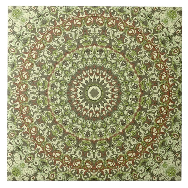 Carreau Modèle de mandala aux tons terreux de vert et de m (Devant)
