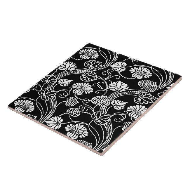 Carreau Modèle floral antique noir sur blanc (Côté)