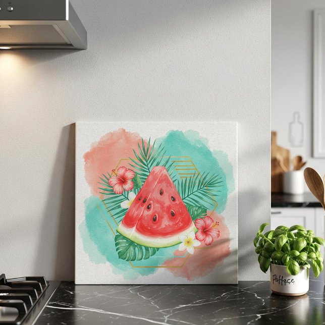 Carreau Modern Tropical Watermelon & Hibiscus Watercolor  (Créateur téléchargé)