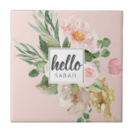 Carreau Modern Watercolor Pink Flowers & Hello & Nom<br><div class="desc">Modern Watercolor Pink Flowers & Hello & Nom</div>