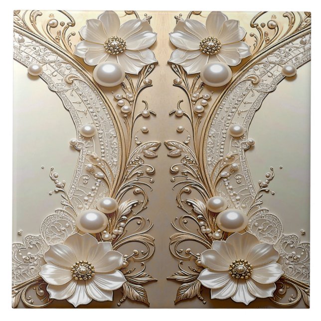 Carreau Modern White Flowers Pearls Ceramic Tile (Devant)