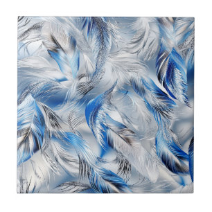 Carreau Moderne Art avec Motif de Plume Bleue et Argentée