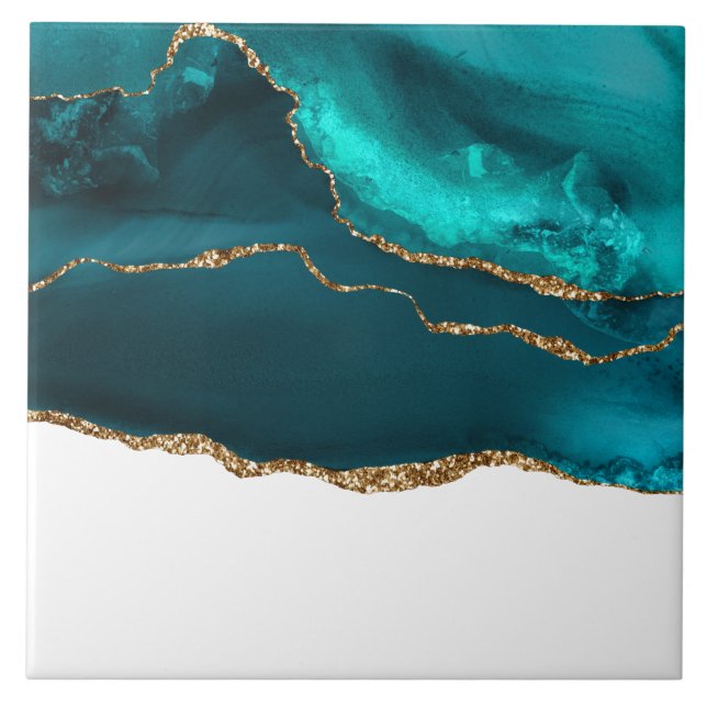 Carreau Moderne Design Turquoise Agate & Gold Ribbon sur B (Devant)