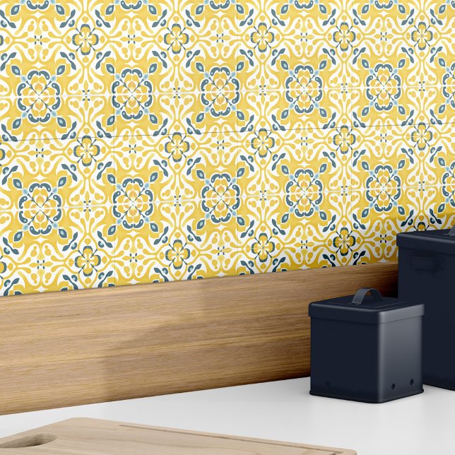 Carreau Moderne Elégant Jaune Turquoise Espagnol Azulejo M (Modern Elegant Yellow Teal Spanish Azulejo Pattern Ceramic Tile)