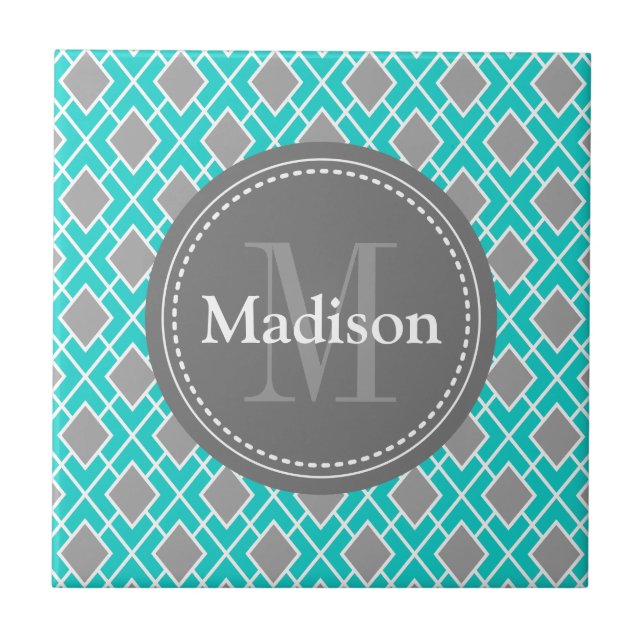 Carreau Moderne et élégant Turquoise Blue Grey Diamond Mot (Devant)
