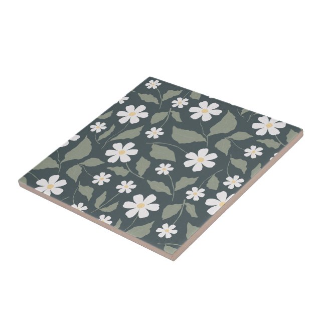 Carreau Moderne Ferme Fleur de Marguerite Bleu Vert Foncé  (Côté)