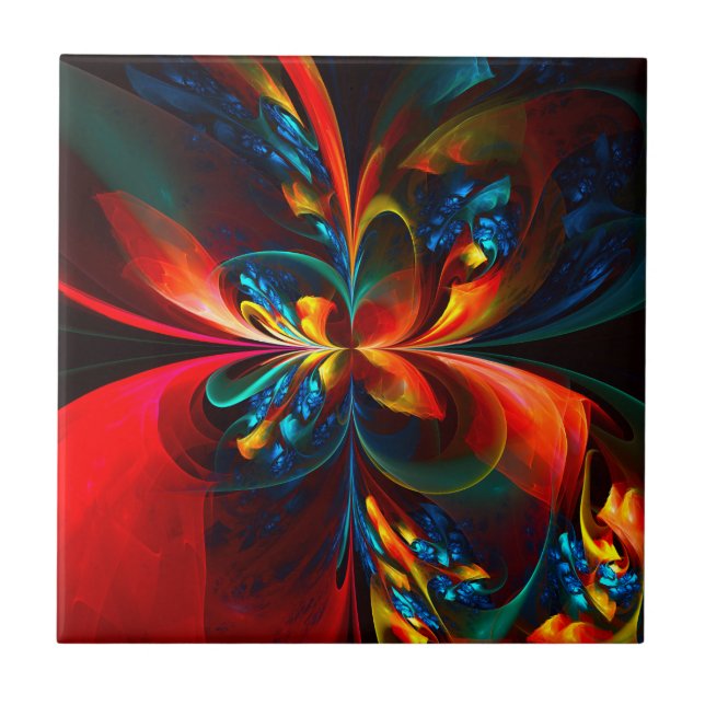 Carreau Moderne Floral Abstrait Art Orange Bleu Motif #14 (Devant)